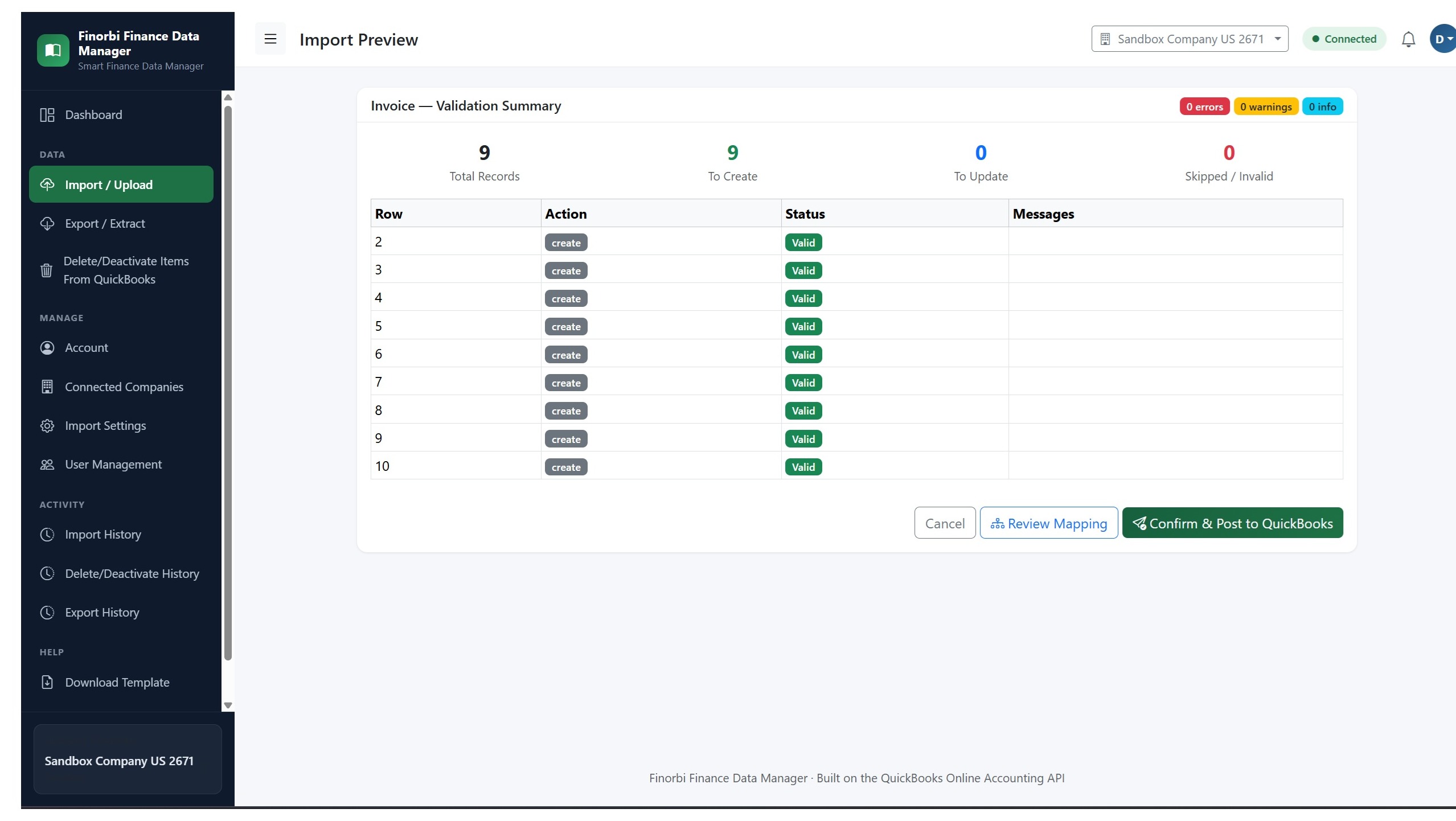 Bulk import preview screen validating records before posting to QuickBooks Online