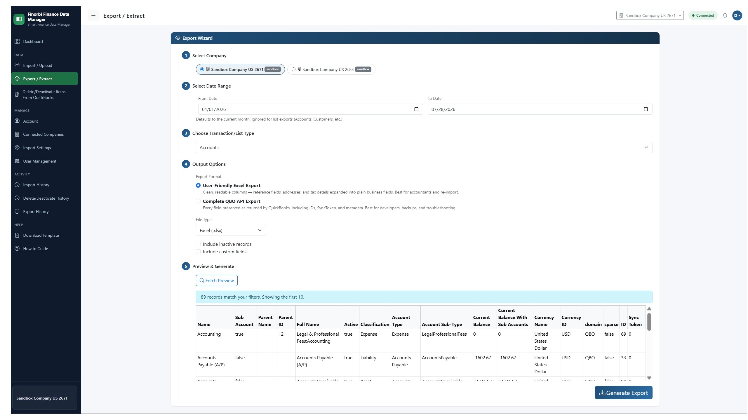 Exporting the live chart of accounts from QuickBooks Online to compare against an import file