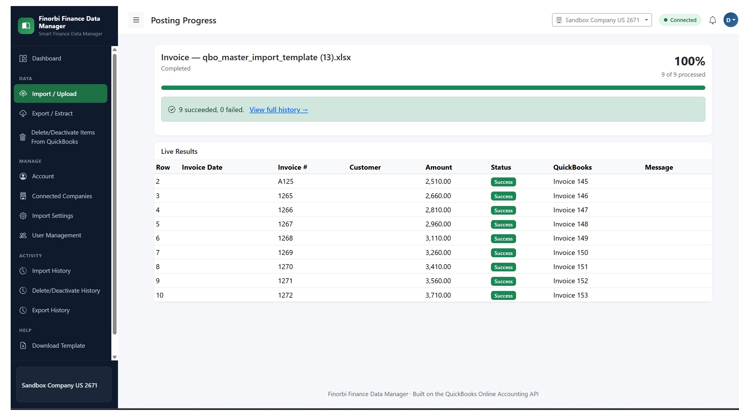 Completed import summary showing all invoices posted successfully