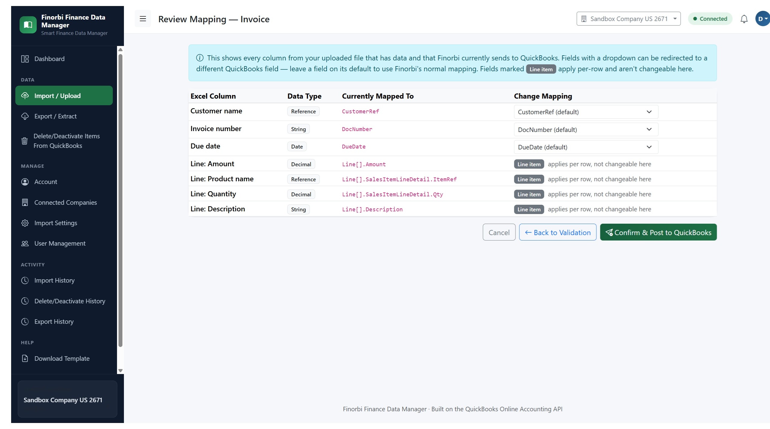 Mapping spreadsheet columns to QuickBooks Online invoice fields