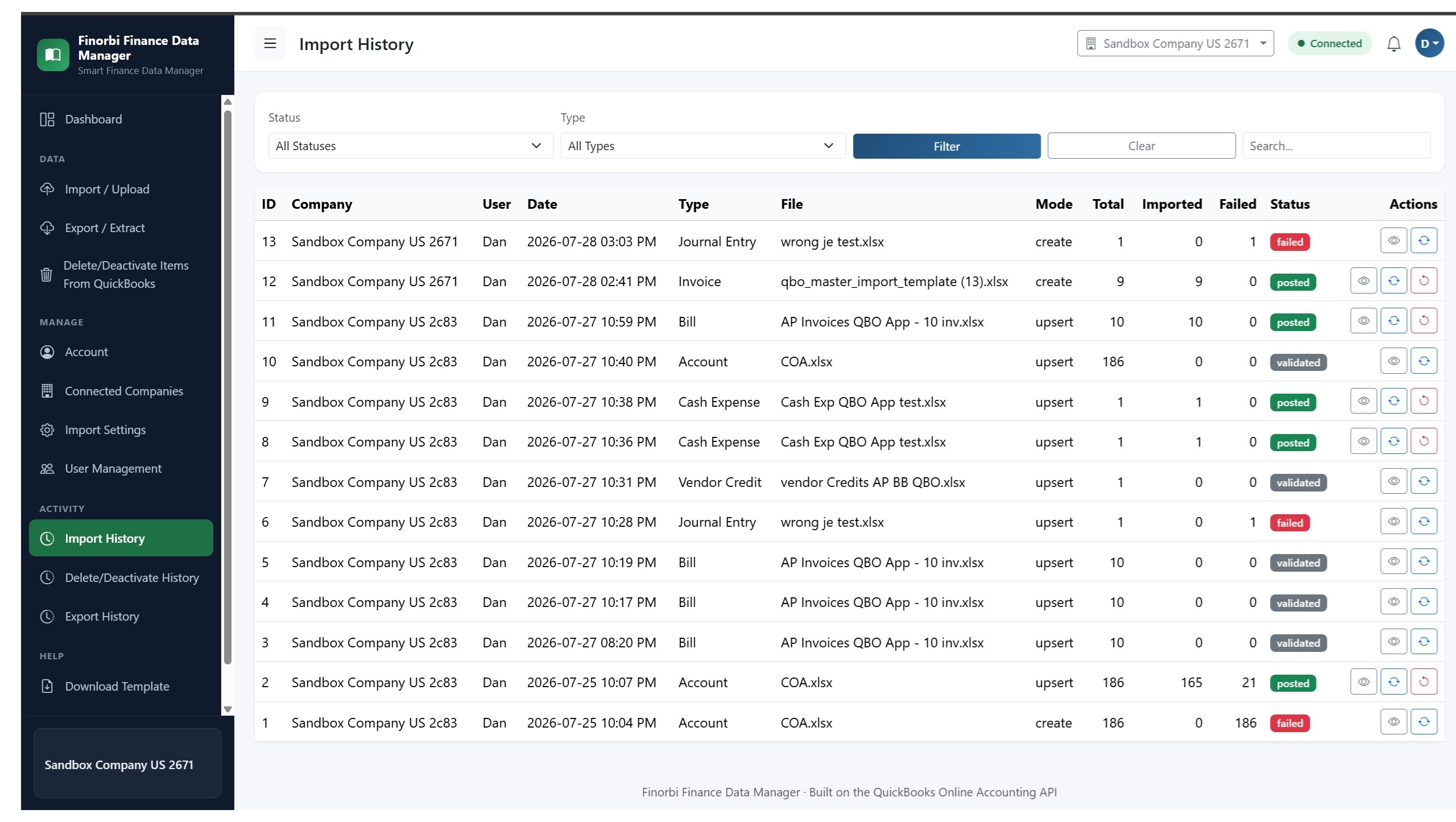 Import history log showing individual import batches with their status