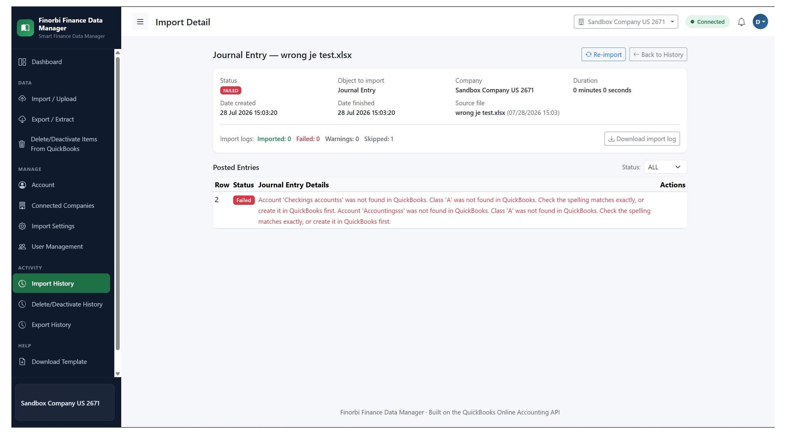 Import preview flagging a journal entry with an account that wasn't found in QuickBooks