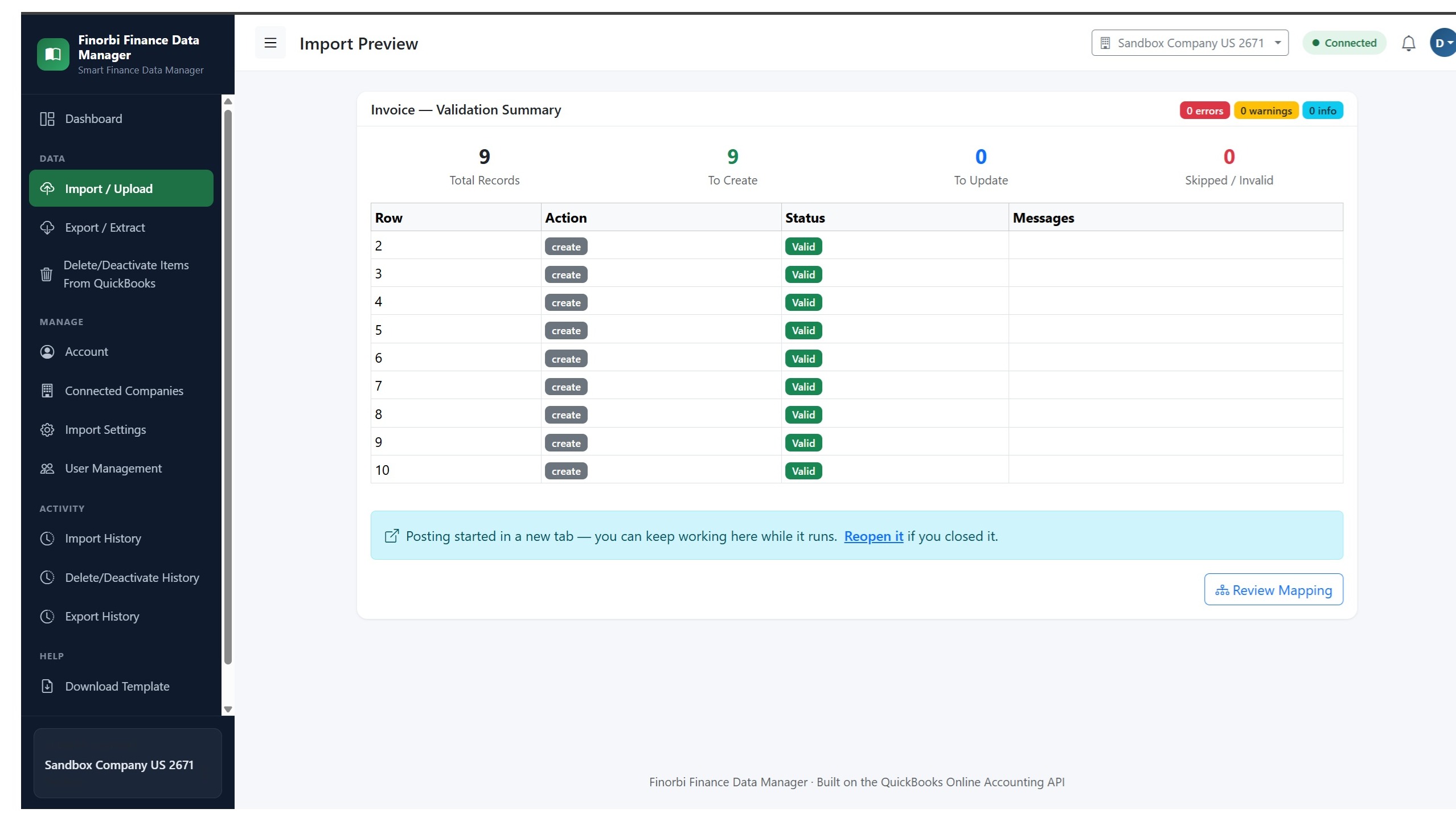 Live import preview showing every row validated before posting