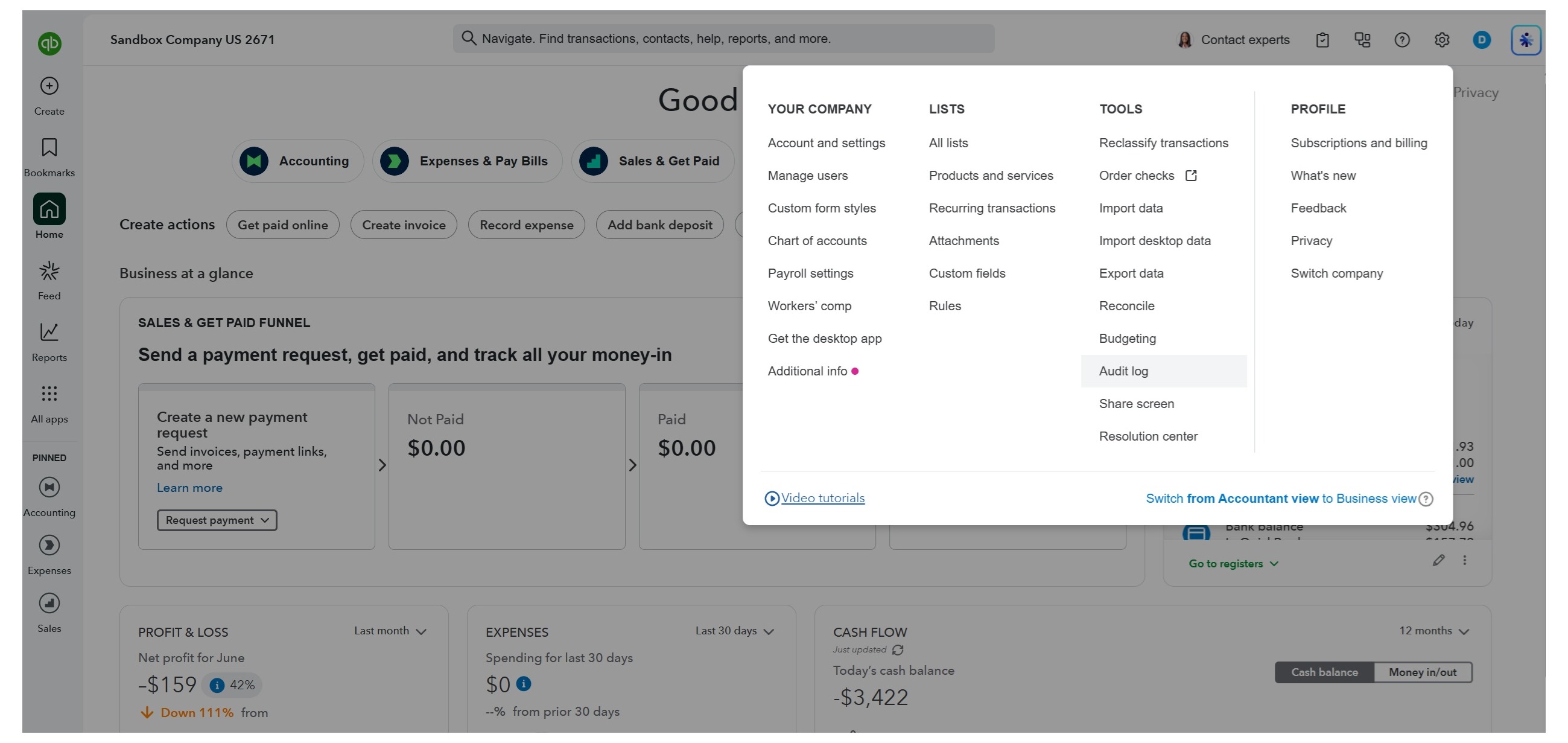 QuickBooks Online settings menu showing the Audit Log option