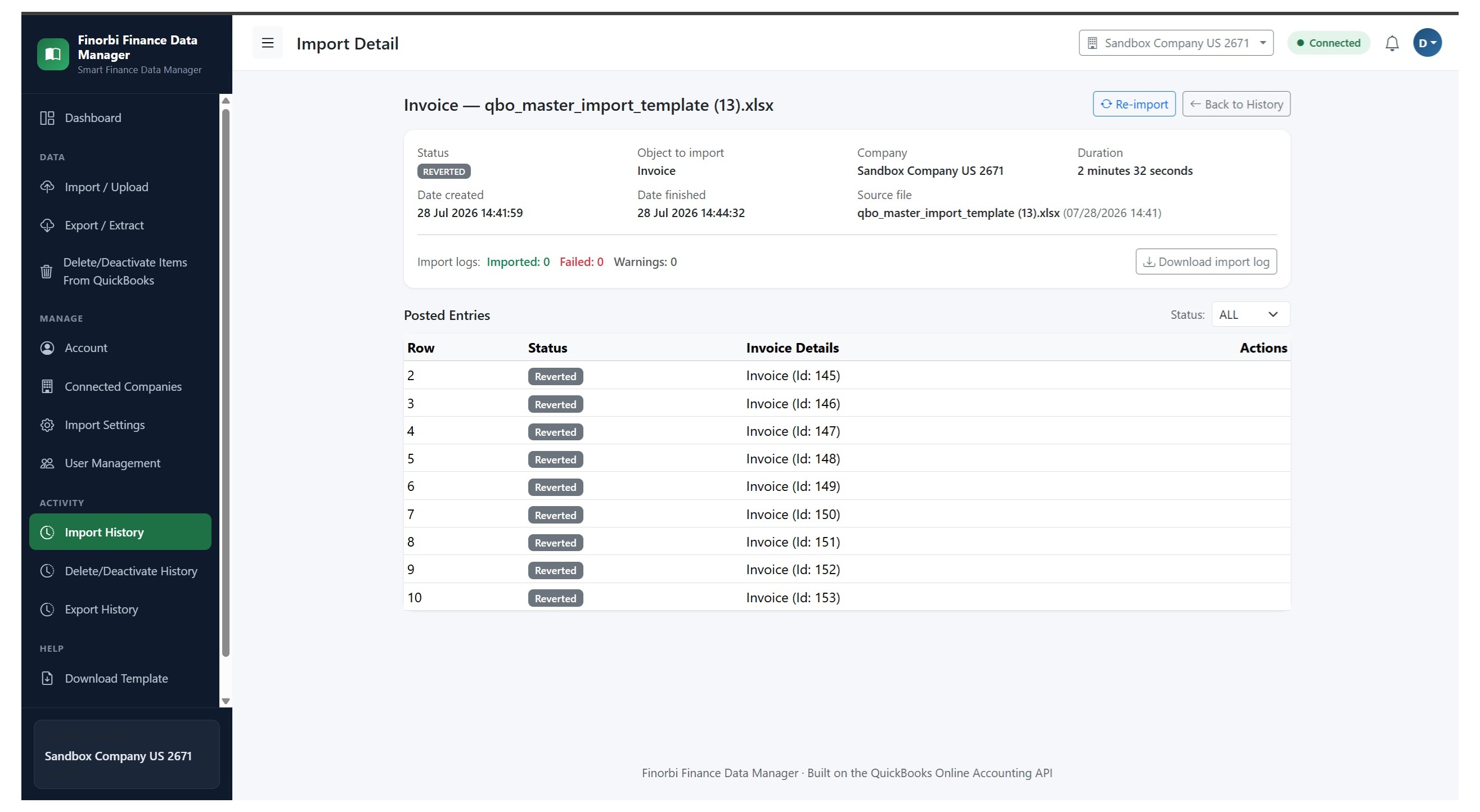 Revert confirmation screen showing invoices reverted from a QuickBooks Online import